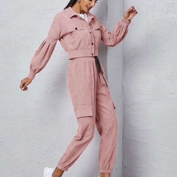 Dusty Pink Corduroy Flap Detail Jacket With Tie Front Cargo Pants - Picture 4 of 5